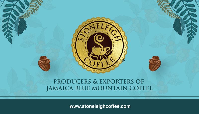 Back side business card design for Stoneleigh Coffee, featuring gold embossed logo with elegant coffee cup motif, blue botanical background, coffee bean accents, and branding for Jamaica Blue Mountain coffee producers and exporters; professional layout created by Draftss, unlimited business card design, specialty coffee company branding example, unlimited graphic designs, draftss, draftss portfolio