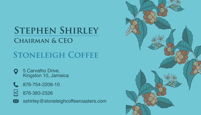 Front side business card design for Stoneleigh Coffee, featuring elegant botanical illustration, contact details for Stephen Shirley (Chairman & CEO), classic serif typography, blue color palette, and professional branding for Jamaica-based specialty coffee company; created by Draftss, unlimited business card design, coffee business identity example, unlimited graphic designs, draftss, draftss portfolio