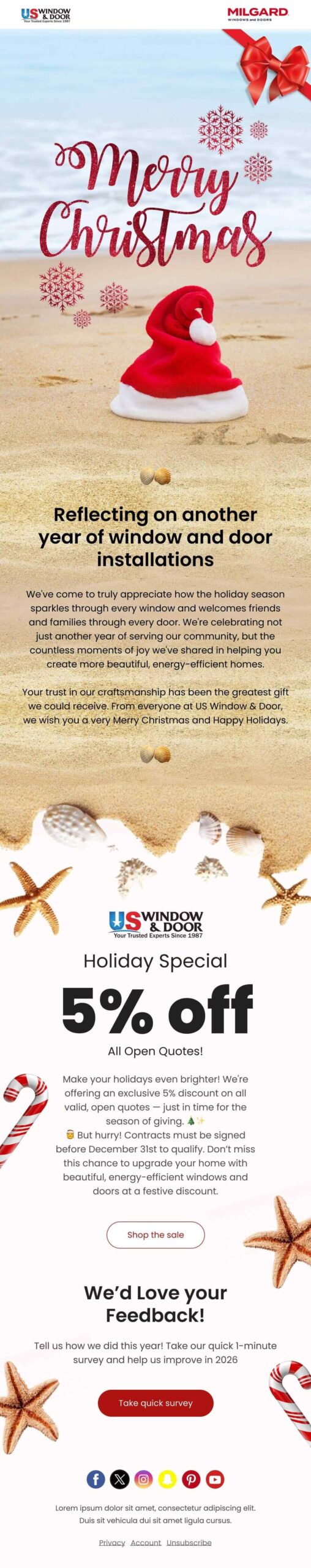 Christmas email newsletter design for US Window & Door, featuring festive “Merry Christmas” lettering on a sandy beach with red Santa hat, snowflakes, starfish, holiday reflection message, 5% off special offer on quotes, shop call-to-action, and customer feedback survey prompt, modern seasonal branding created by Draftss, unlimited email design, holiday marketing newsletter example, unlimited graphic designs, draftss, draftss portfolio