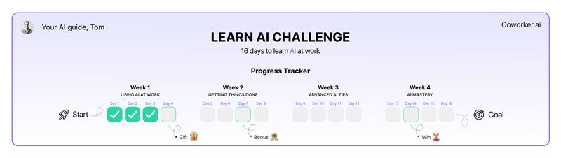 Email banner for Coworker.ai “Learn AI Challenge,” visual progress tracker for 16-day AI learning program at work; includes week-by-week steps, achievement icons, goal checkpoint, minimalist layout and modern design, created in Figma by Draftss, unlimited email banner design, professional AI education campaign example, unlimited graphic designs, draftss, draftss portfolio