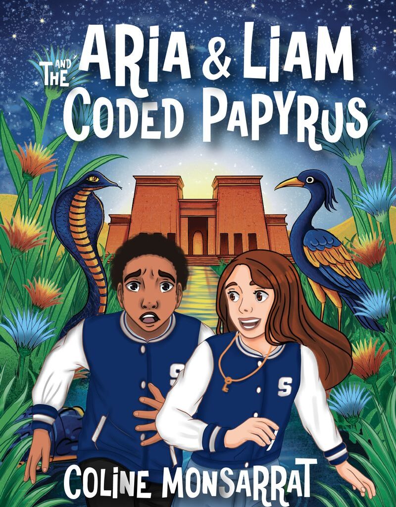 Adventure storybook cover illustration for "Aria & Liam Coded Papyrus" by Coline Monsarrat, featuring two youthful characters in motion in front of an ancient Egyptian temple, vibrant night sky, cobra and tropical bird, lush plants, bold title lettering, cinematic and dynamic composition, created by Draftss, unlimited book cover design, children's book illustration example, unlimited graphic designs, draftss, draftss portfolio