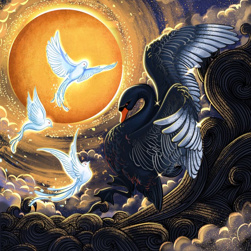 Artistic illustration for BRITE Institute non-profit gifting, featuring a dramatic black swan amid swirling dark clouds and a golden sun, with luminous white doves flying upward, stylized celestial background, symbolizing hope, transformation, and generosity; created by Draftss, unlimited illustration design, charity gifting artwork example, unlimited graphic designs, draftss, draftss portfolio