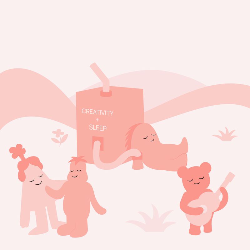 Calming illustration for Marli, mental health awareness app, featuring friendly pink cartoon characters relaxing, sleeping, and playing music surrounded by soft landscape, with box labeled “Creativity + Sleep”; minimalist soothing design created by Draftss, unlimited illustration, wellness app visual example, unlimited graphic designs, draftss, draftss portfolio