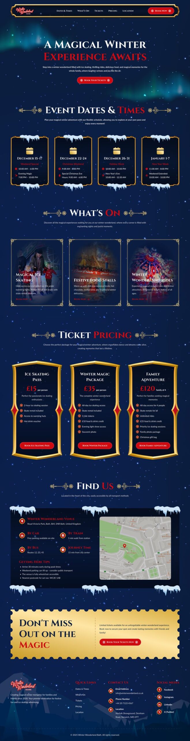 Landing page design for Winter Wonderland Bath, festive winter event featuring magical ice skating, festive food stalls, rides, ticket pricing, event dates, and a venue map; rich blue and gold color scheme, snow-capped accents, and enchanting seasonal branding, created by Draftss, unlimited landing page design, holiday event website example, unlimited graphic designs, draftss, draftss portfolio