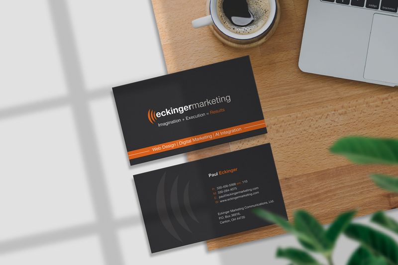 Business card design for Eckinger Marketing, featuring bold black and orange color scheme, modern logo, tagline “Imagination + Execution = Results,” and service highlights like web design, digital marketing, and AI integration; contact details for Paul Eckinger, professional layout, created by Draftss, unlimited business card design, marketing agency identity example, unlimited graphic designs, draftss, draftss portfolio
