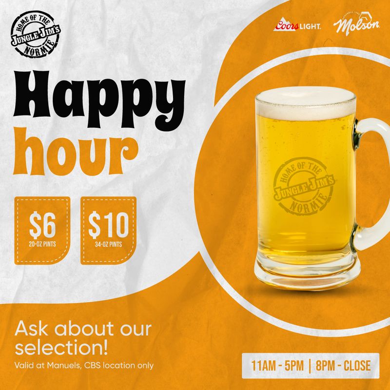 Social media post for Jungle Jim's Happy Hour promotion, bright orange and white design featuring beer mug, $6 for 20-oz pints and $10 for 34-oz pints, logos for Coors Light and Molson, hours and location details, friendly call to ask about selection, created by Draftss, unlimited hospitality social media design, bar promotion example, unlimited graphic designs, draftss, draftss portfolio