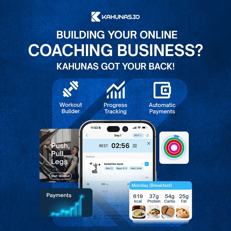 Social media ad for Kahunas.io app promoting online coaching business solutions, showcasing features like workout builder, progress tracking, automatic payments, mobile app UI with exercise tracker and nutrition dashboard, bold blue branding and modern icons, created by Draftss, unlimited social media ad design, fitness coaching app promotion example, unlimited graphic designs, draftss, draftss portfolio