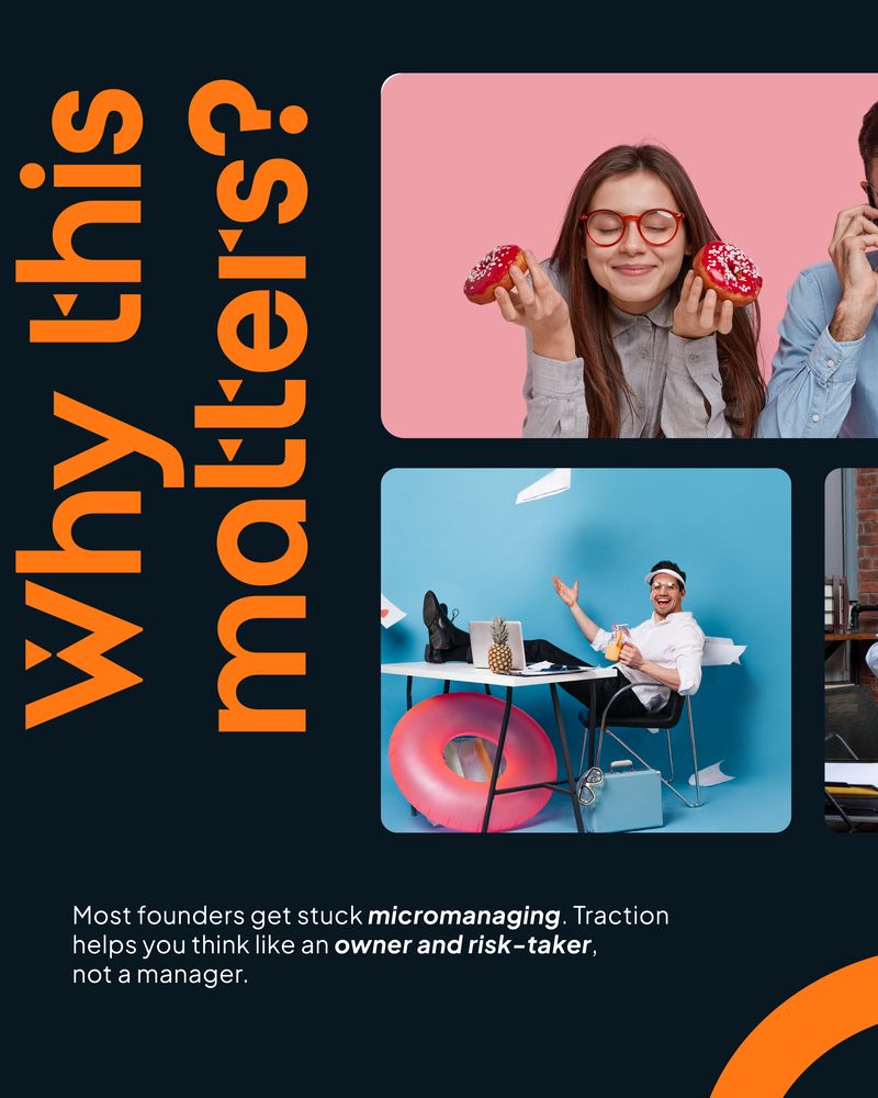 Instagram post asset for Traction campaign, bold headline "Why this matters?", bright colors with playful donut props and relaxed work scene, message encouraging founders to shift from micromanaging to owning and risk-taking, created by Draftss, unlimited Instagram design, startup motivation post example, unlimited graphic designs, draftss, draftss portfolio