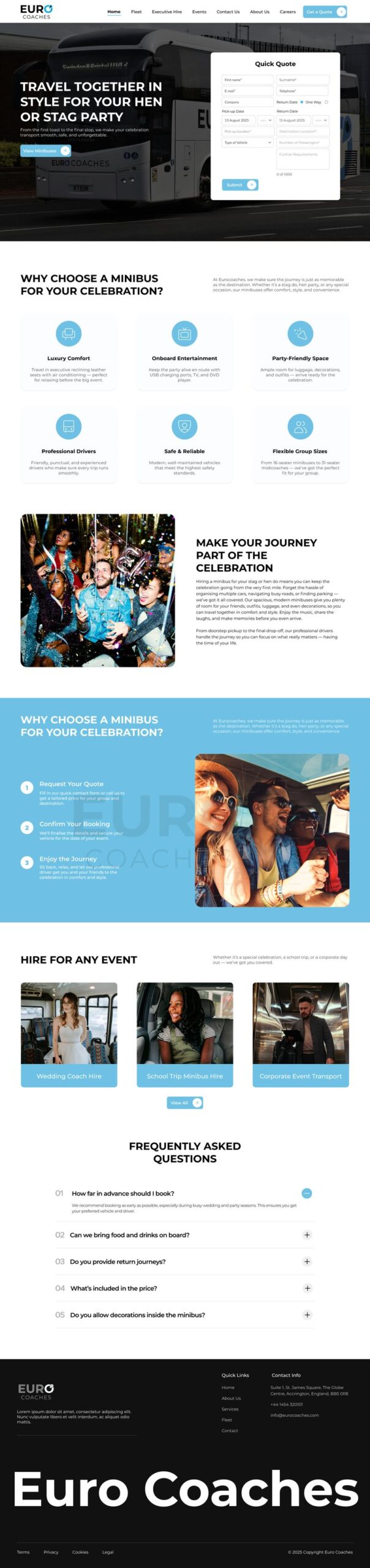 Landing page design for Euro Coaches, showcasing minibus and coach hire services for weddings, stag and hen parties, school trips, and corporate events; modern layout with quick quote form, feature highlights, journey celebration benefits, and FAQ section; created by Draftss, unlimited landing page design, group transport website example, unlimited graphic designs, draftss, draftss portfolio, custom landing page designs