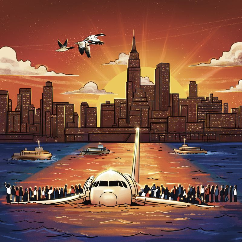 Illustration for BRITE Institute non-profit gifting, depicting an emergency airplane landing on water with passengers gathered on wings, sunset city skyline in the background, support boats approaching, and flying geese overhead; warm dramatic colors, hope and rescue theme, created by Draftss, unlimited illustration design, charity gifting artwork example, unlimited graphic designs, draftss, draftss portfolio