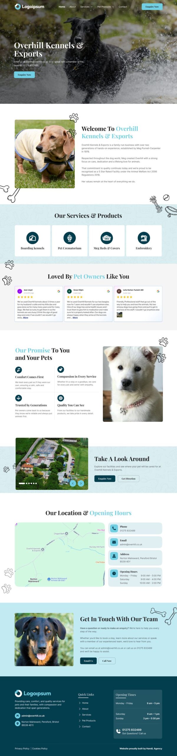 Landing page design for Overhill Kennels & Exports, pet care facility—featuring dog photography, service highlights for boarding, pet cremation, bedding, and embroidery, customer testimonials, location map, team contact options, and friendly branding, created by Draftss, unlimited UI design, pet business website example, unlimited graphic designs, draftss, draftss portfolio