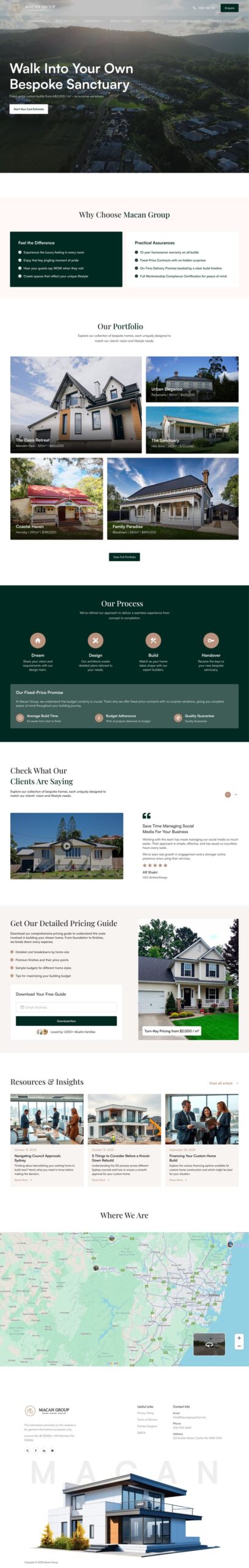 Landing page design for Macan Group, premium real estate company, featuring bespoke sanctuary messaging, portfolio showcase, project highlights, customer testimonials, process overview, pricing guide, and interactive location map; clean modern layout and professional branding, created by Draftss, unlimited UI design, real estate website example, unlimited graphic designs, draftss, draftss portfolio