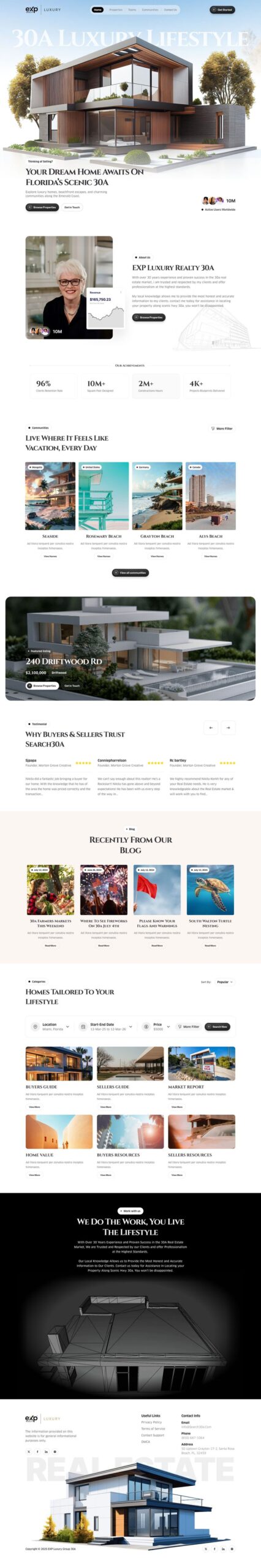 Homepage UI design for Search 30A, visually engaging layout for luxury real estate featuring modern architecture imagery, premium property highlights, buyer and seller resources, and lifestyle-focused real estate branding, created by Draftss, unlimited UI design, luxury real estate website example, unlimited graphic designs, draftss, draftss portfolio