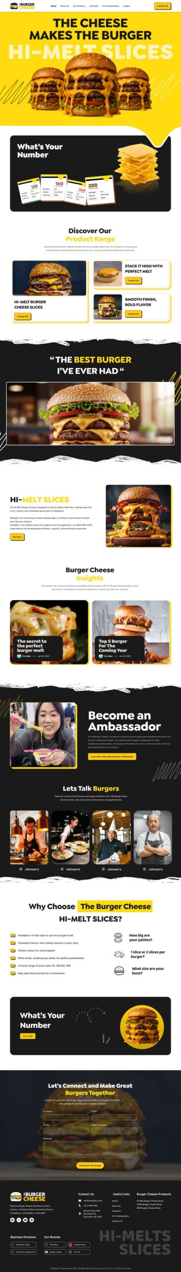 Homepage UI design for Burger Cheese by Pure Dairy, vibrant layout featuring hi-melt cheese slices, burger product highlights, ambassador program, customer testimonials, and engaging burger insights, created by Draftss, unlimited UI design, food product website example, unlimited graphic designs, draftss, draftss portfolio, custom landing page designs