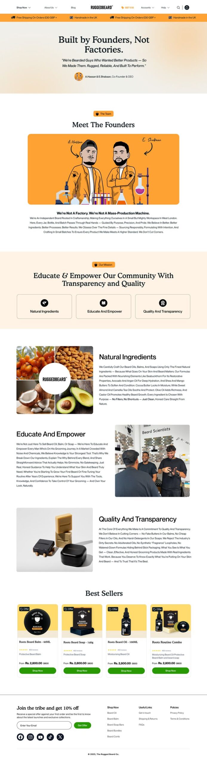 "Our Story" inner page design for Rugged Beard Co, featuring independent founders, brand mission focused on quality, transparency, and natural ingredients, educational and empowering content, best sellers showcase, clean modern layout and distinctive branding, designed by Draftss, unlimited inner page UI design, grooming brand website example, unlimited graphic designs, draftss, draftss portfolio