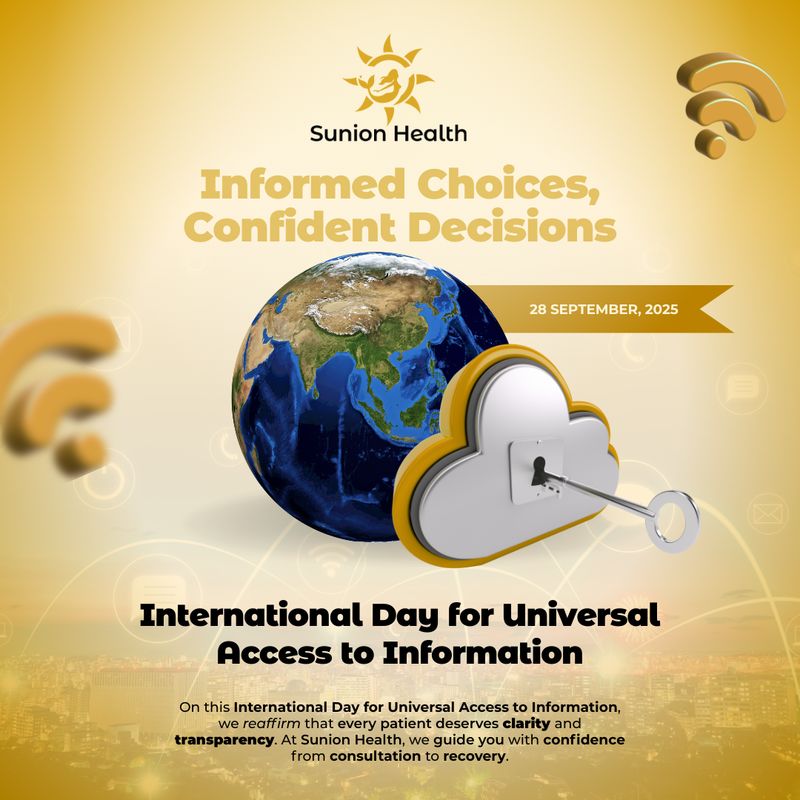 Social media design template for Sunion Health promoting International Day for Universal Access to Information, featuring globe and cloud with key illustration, gold theme, clarity and transparency messaging for patients, event date September 28, 2025, created by Draftss, unlimited social media design, healthcare awareness graphic example, unlimited graphic designs, draftss, draftss portfolio