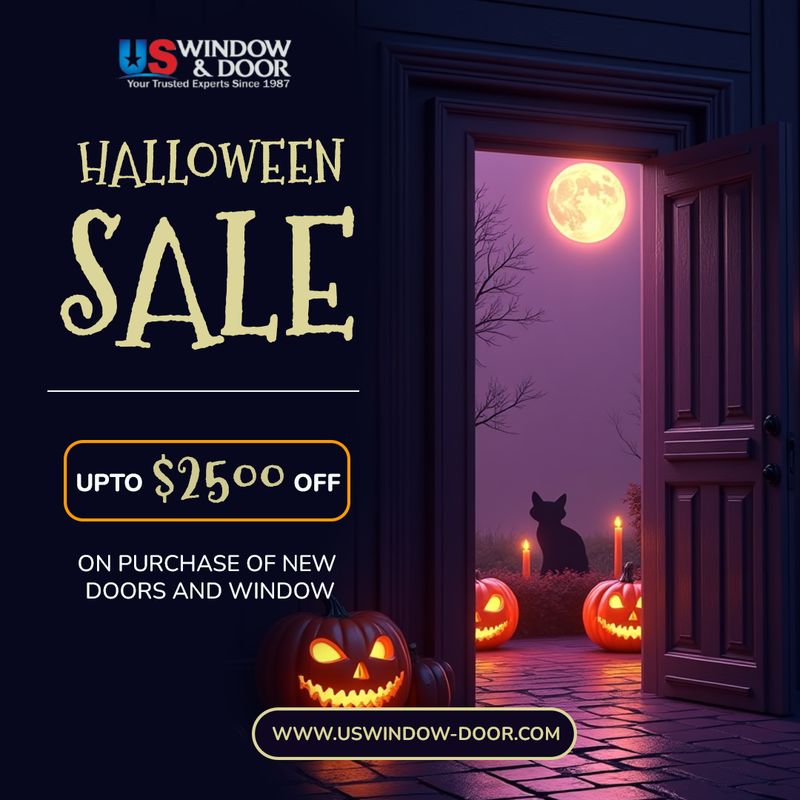 Halloween-themed social media post for US Window & Door, featuring glowing jack-o’-lanterns, open door with moonlit night, $25 off sale offer on new doors and windows, dark purple and orange color scheme, festive branding and website call-to-action, created by Draftss, unlimited social media design, holiday promotion graphic example, unlimited graphic designs, draftss, draftss portfolio