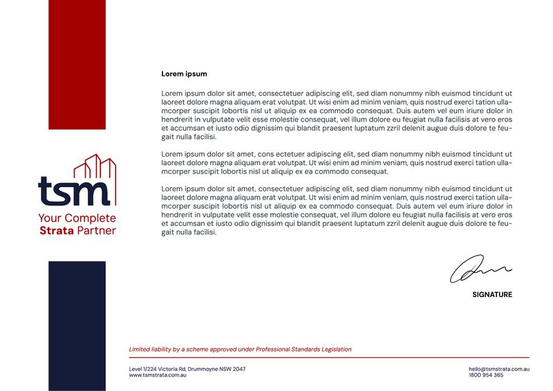 Letterhead design for TSM, Your Complete Strata Partner, featuring modern red and navy branding, clean company logo with building icon, professional layout for official correspondence, sample text block, signature line, and company contact details at the bottom; created by Draftss, unlimited branding design, property management stationery example, unlimited graphic design services