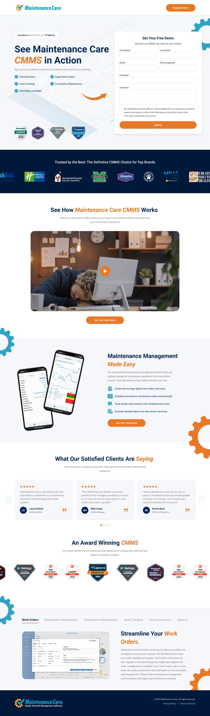 Professional landing page design for Maintenance Care CMMS, showcasing demo signup, client logos, key features like asset tracking and preventative maintenance, user testimonials, feature highlights, award badges, and call-to-action buttons; clean white, navy, and orange branding, built for facility management solutions, created by Draftss, unlimited SaaS landing page example, unlimited graphic designs, draftss, draftss portfolio