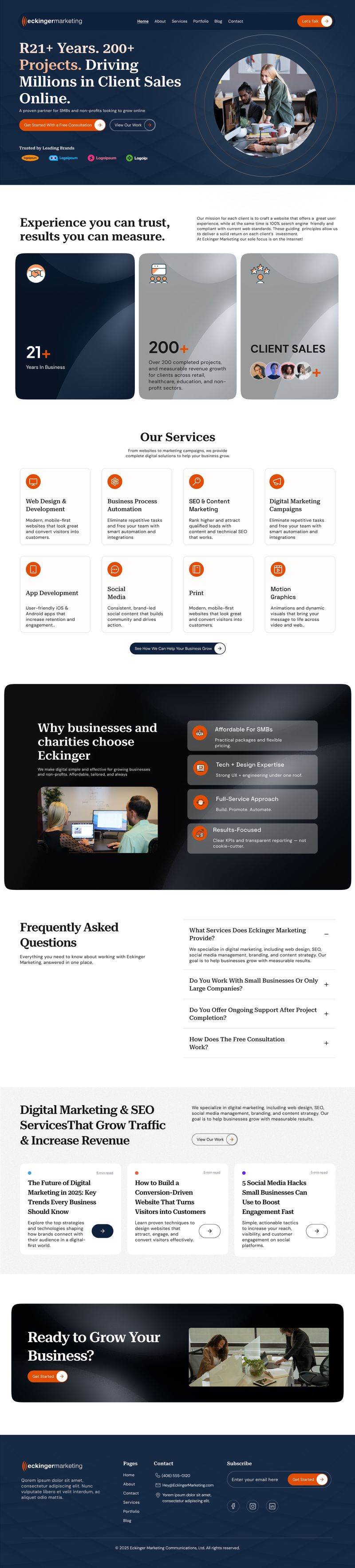 Website design for Eckinger Marketing agency, highlighting 21+ years experience, over 200 projects, and millions in client sales online; modern dark and orange theme, service cards for web, app, digital marketing, and print, featured results and testimonials, FAQ section, and actionable CTAs; designed by Draftss, unlimited website design, digital agency homepage example, unlimited graphic designs, draftss, draftss portfolio