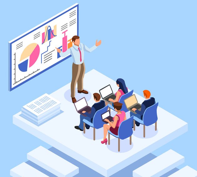 Illustration of a classroom full of graphic designers learning how to make a presentation.