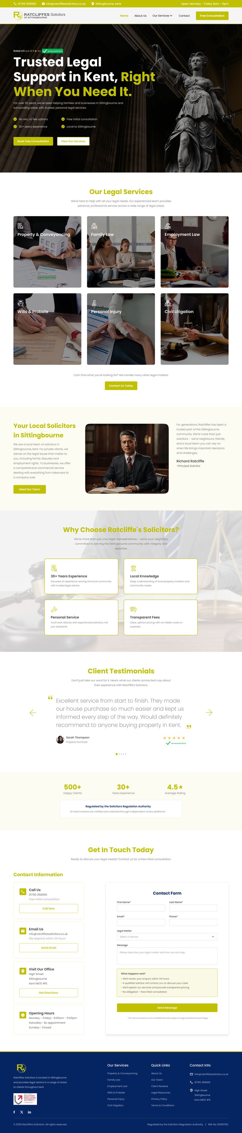 Landing page design for Ratcliffes Solicitors, featuring modern yellow and charcoal branding, legal support headlines, service cards for property, family, employment, wills, probate, and litigation, client testimonials, value propositions, FAQ, contact information, and responsive consultation form; designed by Draftss, unlimited website design, law firm homepage example, unlimited graphic designs, draftss, draftss portfolio