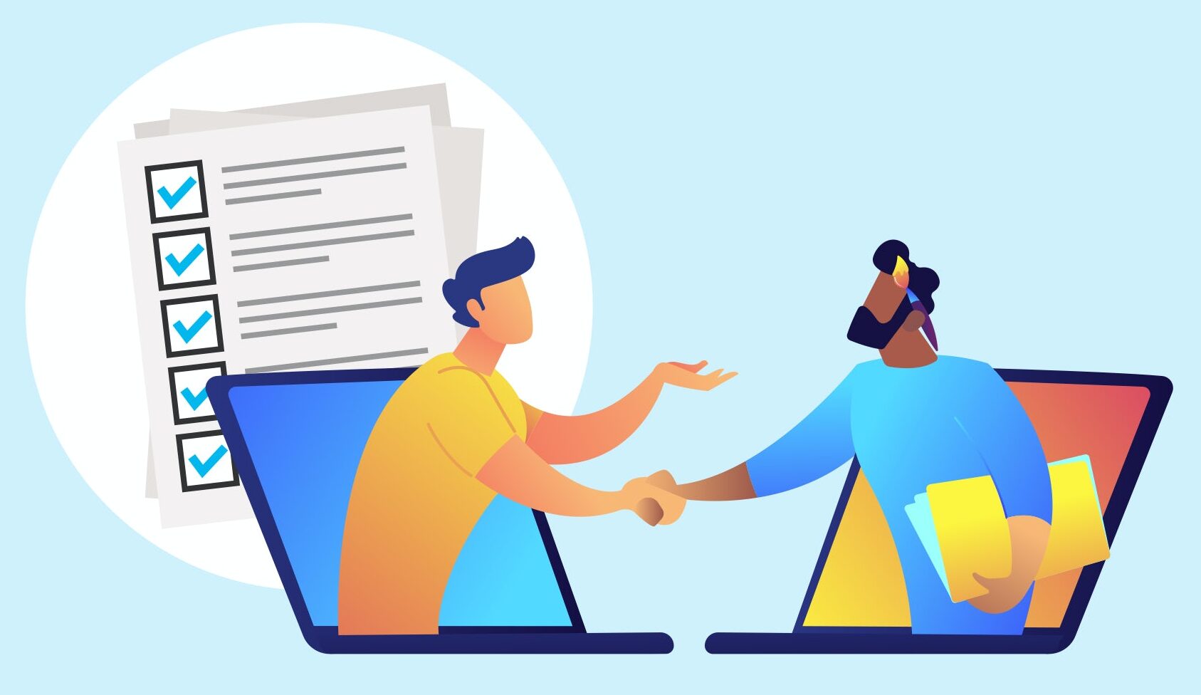 Two designers are discussing their work & shaking their hands.