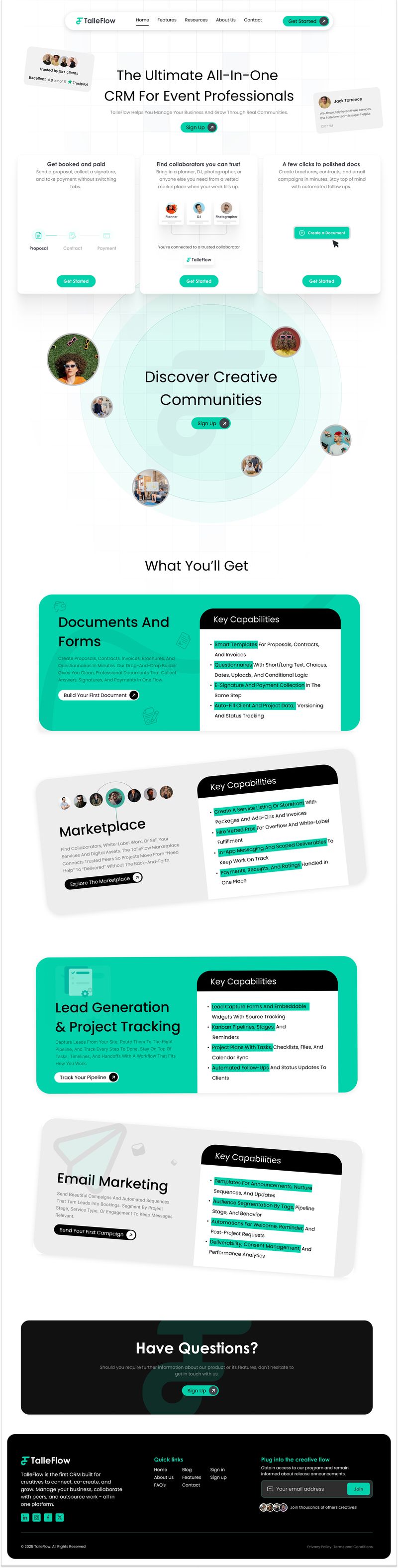 Interactive landing page design for Talleflow CRM, empowering event professionals with smart forms, creative communities, marketplace, lead tracking, and email marketing features; sleek white and teal branding, dynamic cards, highlighted capabilities, clean navigation and support prompts; designed by Draftss, unlimited website design, SaaS landing page example, unlimited graphic designs, draftss, draftss portfolio
