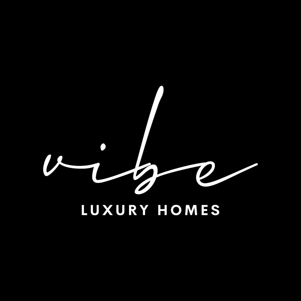 Minimalistic logo design for Vibe Luxury Homes, elegant script and modern typography on black background, created by Draftss for premium real estate branding, unlimited logo design, luxury real estate logo example, unlimited graphic designs, draftss, draftss portfolio, 