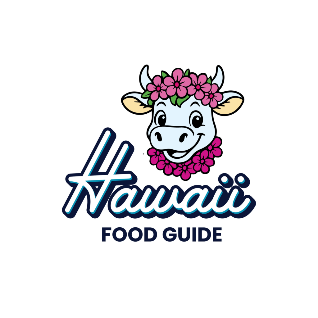 Tropical Hawaii food guide cow mascot logo, playful cartoon mascot with floral lei, designed for The Advocacy Agency by Draftss, vibrant and friendly branding for food and travel, unlimited mascot logo design, Hawaii logo example, unlimited graphic designs, draftss, draftss portfolio