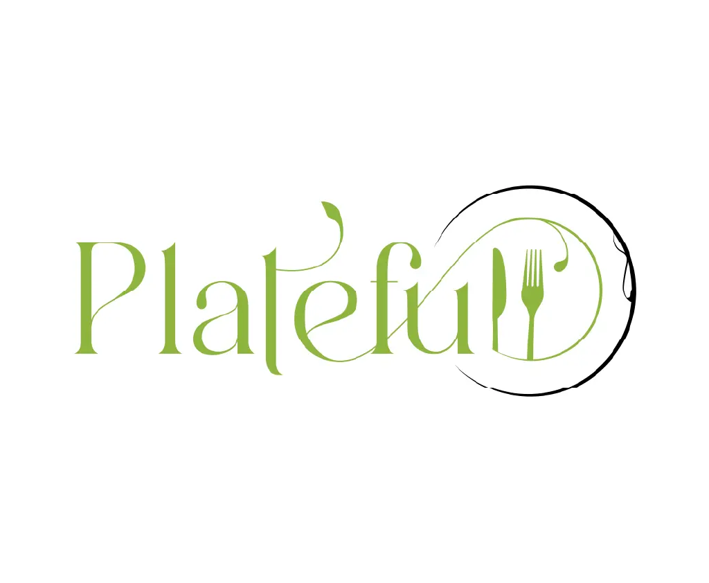 Modern green logo design for Platefull food subscription service, elegant typography with leaf accents and plate illustration, representing daily meal delivery to homes, created by Draftss, unlimited food logo design, meal delivery logo example, unlimited logo design, unlimited graphic designs, draftss, draftss portfolio