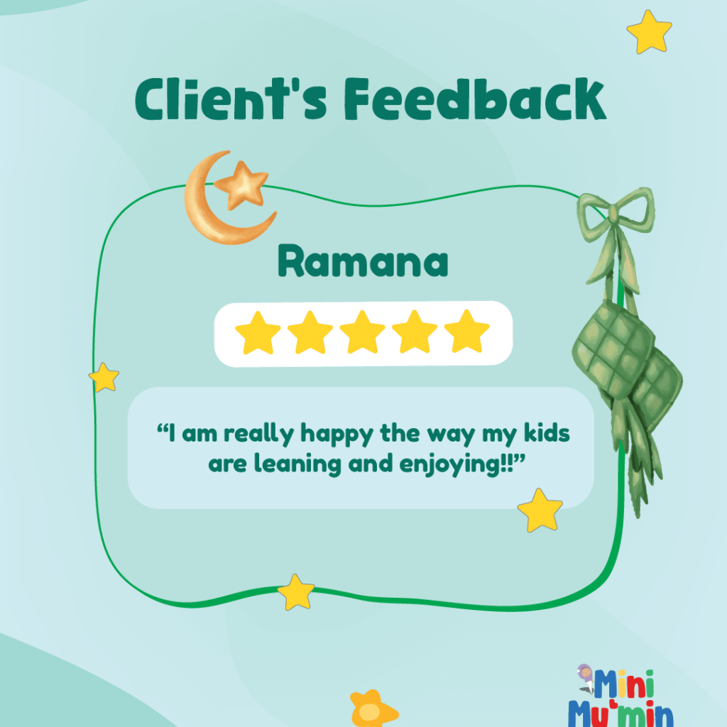 Client feedback social media grid post for Mini Mu’Min Box, 5-star review highlighting positive learning and engagement for children, playful Islamic-themed design with moon, stars, and ketupat, created by Draftss, unlimited social media design, testimonial post example, unlimited graphic designs, draftss, draftss portfolio