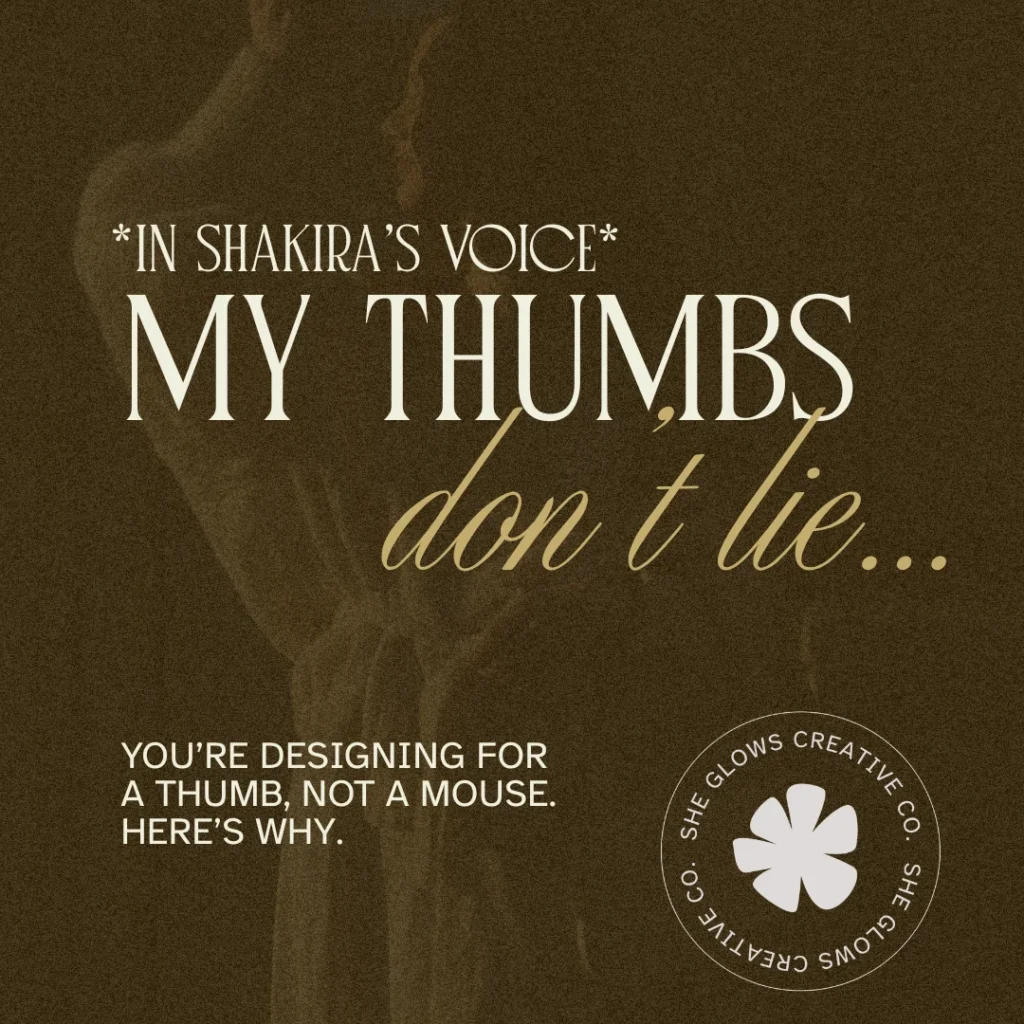 Instagram carousel design for She Glows Creative Co, playful “My Thumbs Don’t Lie” message highlighting mobile-first design for digital marketing, modern feminine branding, created by Draftss, unlimited social media design, IG carousel example, unlimited graphic designs, draftss, draftss portfolio