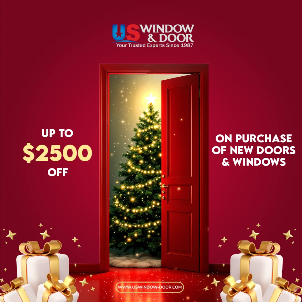 Holiday social media post for US Window and Door featuring a festive Christmas tree through an open red door, promotional $2,500 discount offer on new doors and windows, seasonal marketing graphic created by Draftss, unlimited social media design, Christmas campaign example, unlimited graphic designs, draftss, draftss portfolio