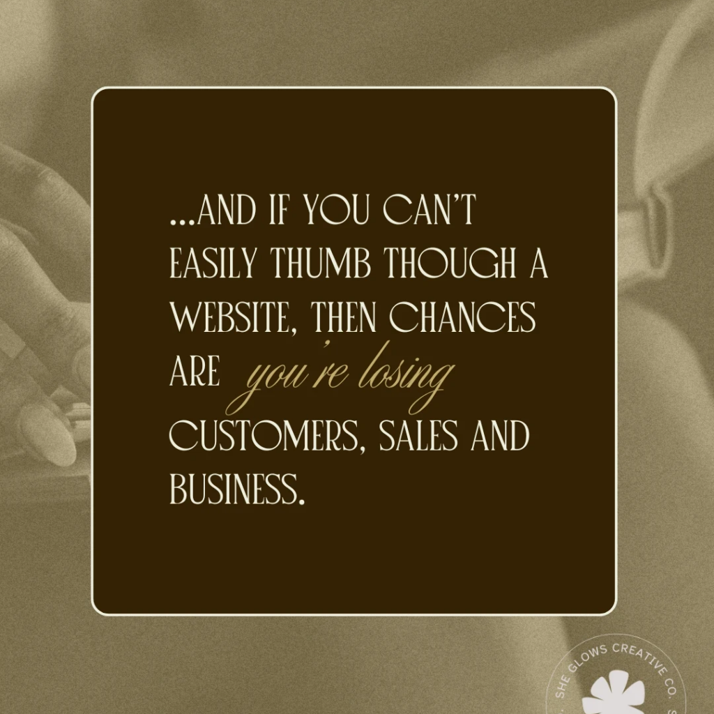 Instagram carousel design for She Glows Creative Co, message about mobile website usability—"If you can’t easily thumb through a site you’re losing business," digital marketing focus, modern professional branding, created by Draftss, unlimited social media design, IG carousel example, unlimited graphic designs, draftss, draftss portfolio