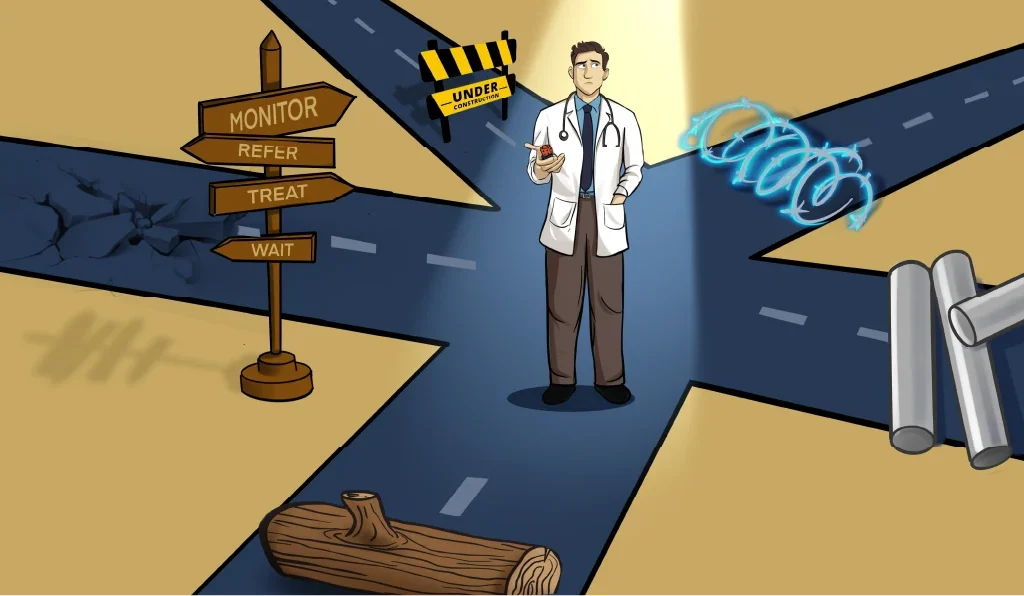 Medical decision-making illustration for BRITE INSTITUTE blog, depicting a doctor at a crossroads with multiple pathways and obstacles, directional signposts labeled monitor, refer, treat, and wait, educational visual created by Draftss, unlimited illustration design, healthcare blog illustration example, unlimited graphic designs, draftss, draftss portfolio, 