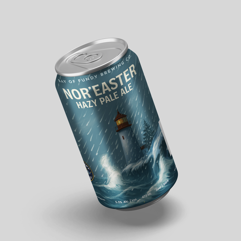 Beer can packaging design for Bay of Fundy Brewing Co.'s Nor’Easter Hazy Pale Ale, featuring dramatic illustrated lighthouse, crashing ocean waves, and stormy rain; atmospheric bluish tones, bold product lettering, craft brewery branding, and product details, created by Draftss, unlimited packaging design, craft beer label example, unlimited graphic design services
