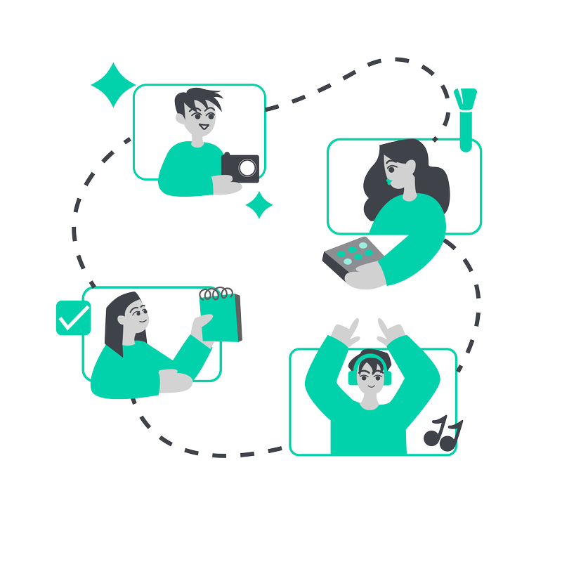 Flat style illustration for Talleflow website, featuring four diverse characters engaged in creative, collaborative, and productive tasks, connected by a dotted path; uses teal and charcoal brand colors, symbolizing project management, teamwork, and AI-driven solutions; designed by Draftss, unlimited website illustration, SaaS and AI integration visual example, unlimited graphic designs, draftss, draftss portfolio