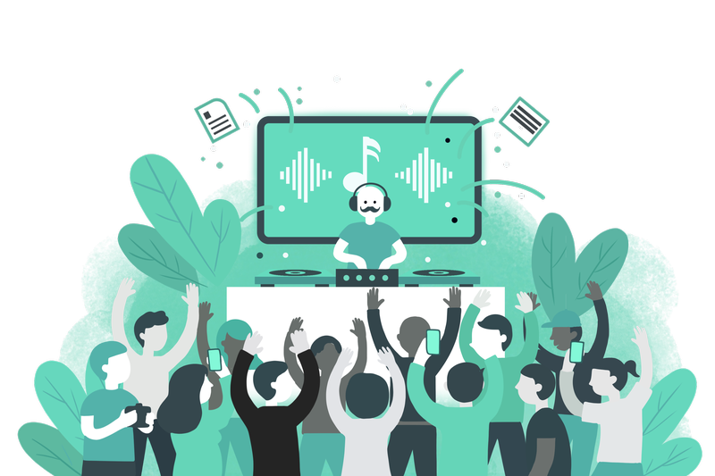 Flat style illustration for Talleflow website, featuring a DJ or music producer on stage with a lively audience raising hands, surrounded by leafy plants and large digital display screen; teal and charcoal brand color palette emphasizes energy, connectivity, and creative collaboration, designed by Draftss, unlimited SaaS website illustration, AI project management solutions example, unlimited graphic designs, draftss, draftss portfolio