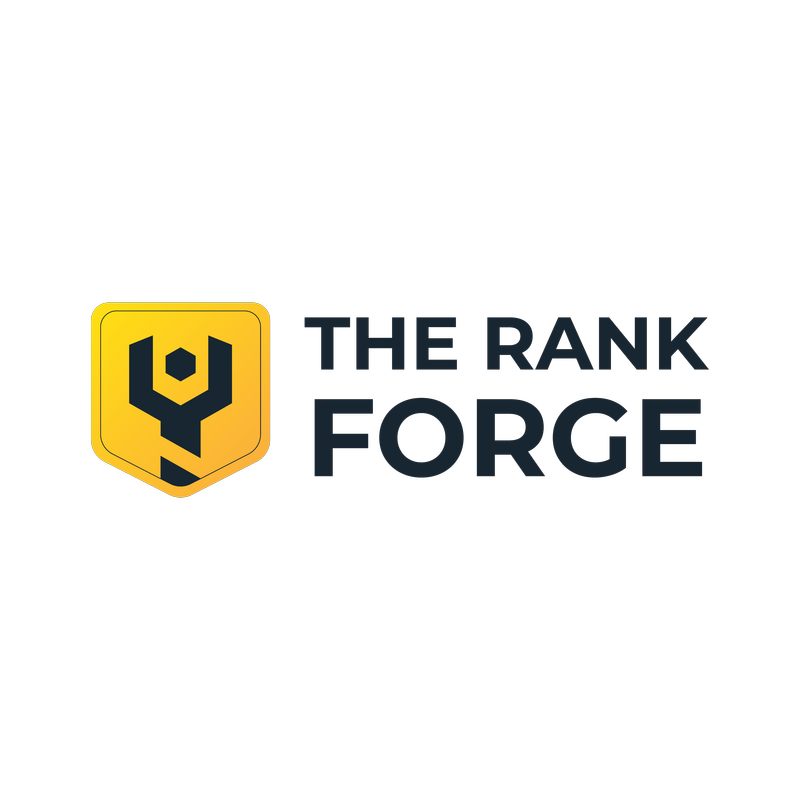 Logo design for The Rank Forge, AI SEO toolbox—modern geometric shield icon in yellow and black, bold uppercase typography for brand name, clean and professional branding, created by Draftss, unlimited logo design, SEO agency logo example, unlimited graphic designs, draftss, draftss portfolio