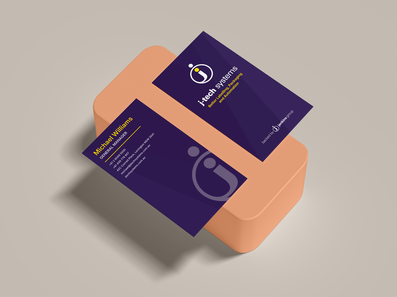 Business card design for J Tech Systems, specializing in labelling, packaging, and automation; sleek dark purple color scheme with minimalistic logo, bold yellow highlight for key info, clear contact details for Michael Williams (GM & Plant Manager), modern and professional branding, created by Draftss, unlimited visiting card design, industrial automation business identity example, unlimited graphic designs, draftss, draftss portfolio