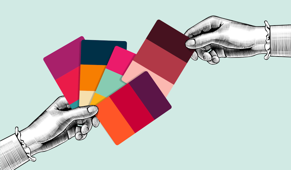 Illustration of two hands exchanging color cards.