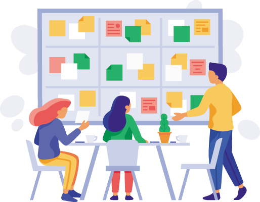 A team of designers discussing using a Kanban board.