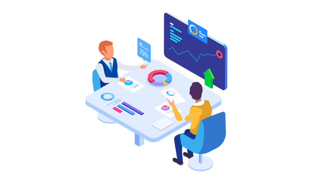 Two people are discussing their work.