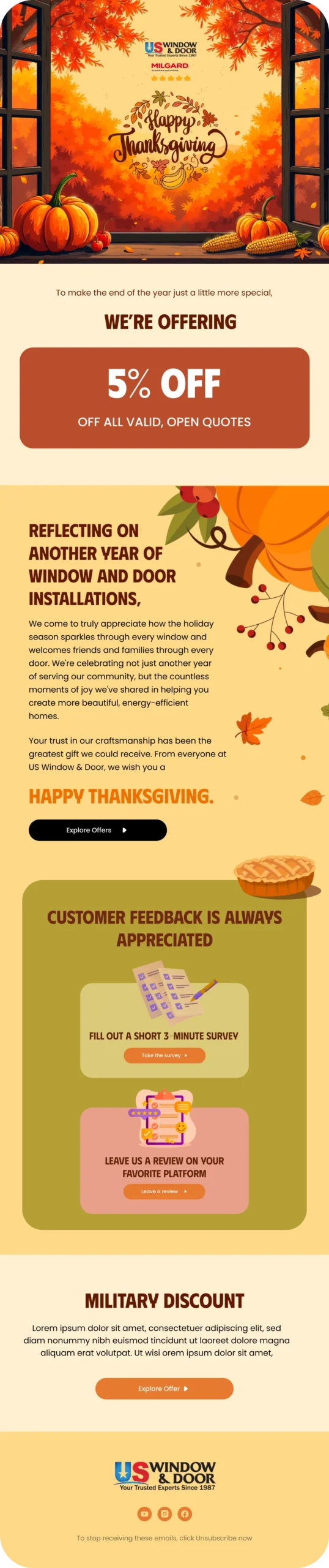 Thanksgiving-themed email newsletter design for US Window & Door featuring autumn window view, pumpkins, special 5% off holiday offer, customer feedback and military discount callouts, warm seasonal illustrations and professional layout, designed by Draftss, unlimited email design, festive marketing newsletter example, unlimited graphic designs, draftss, draftss portfolio