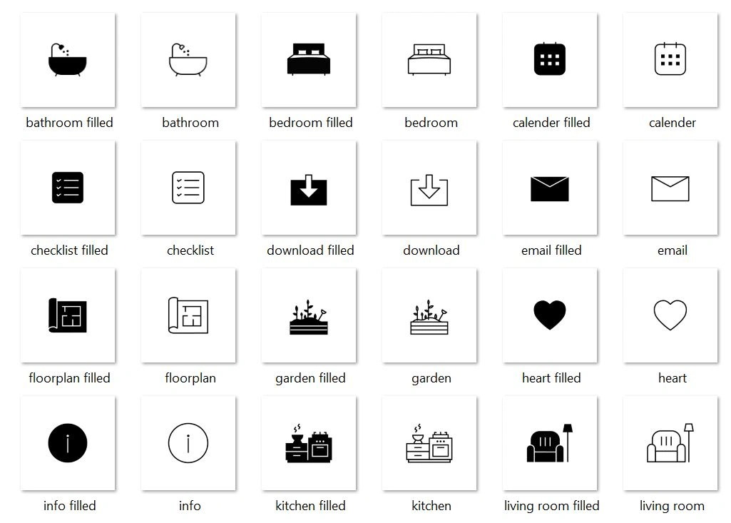 Icon pack design for Vibe Luxury Home, real estate firm—clean line and filled icons for bathroom, bedroom, checklist, download, email, floorplan, garden, heart, info, kitchen, and living room; pack created for website and post use by Draftss, unlimited icon design, real estate UI icon set example, unlimited graphic designs, draftss, draftss portfolio