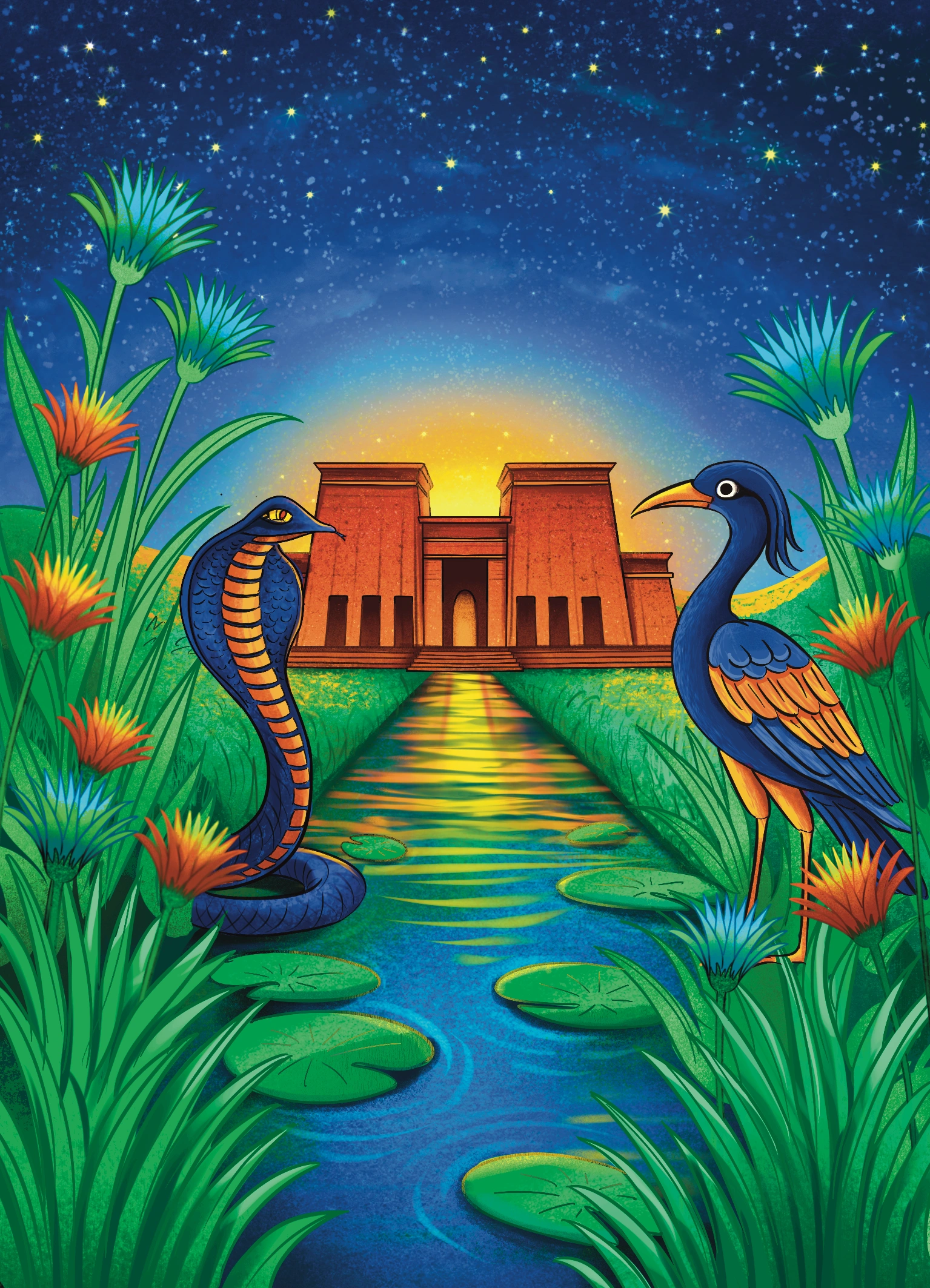 Vibrant book cover illustration for Ariam and Liam comics, featuring a dramatic ancient temple at sunrise, a cobra and a tropical bird by a lush river, starry night sky and colorful flowers, created by Draftss, unlimited illustration design, comic book cover example, unlimited graphic designs, draftss, draftss portfolio