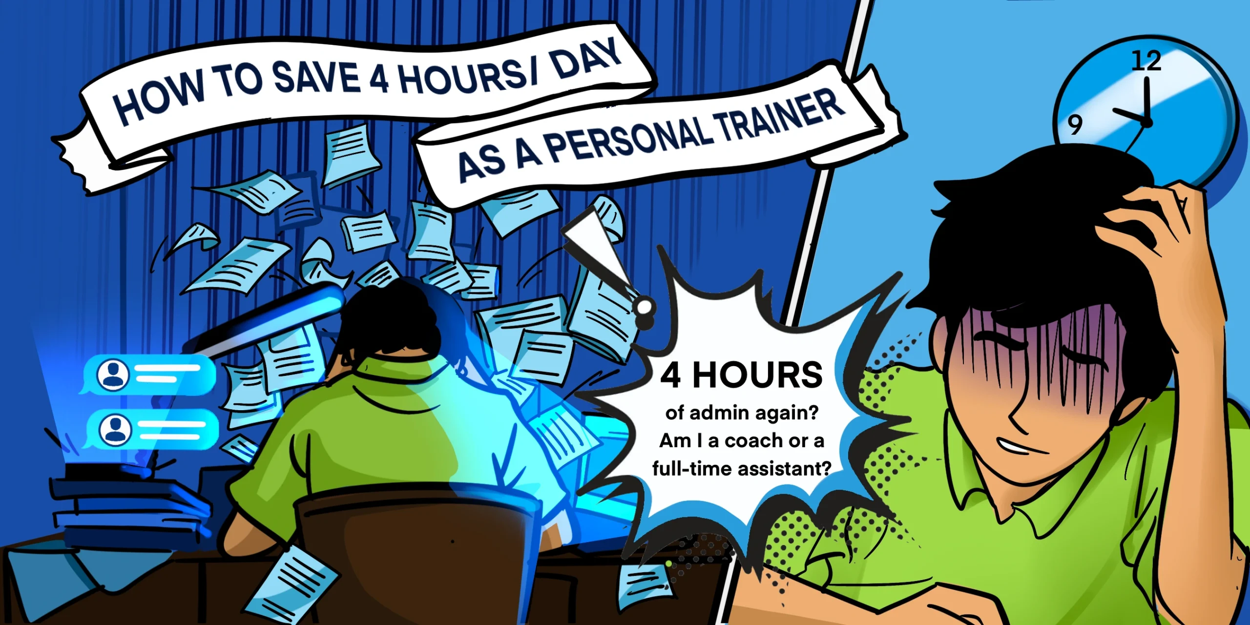 Comic-style illustration for Kahunas highlighting the challenges of personal trainers, stressed coach surrounded by paperwork and messages, banner stating “How to save 4 hours/day as a personal trainer,” dialogue about admin overload, created by Draftss, unlimited illustration design, fitness workflow comic example, unlimited graphic designs, draftss, draftss portfolio
