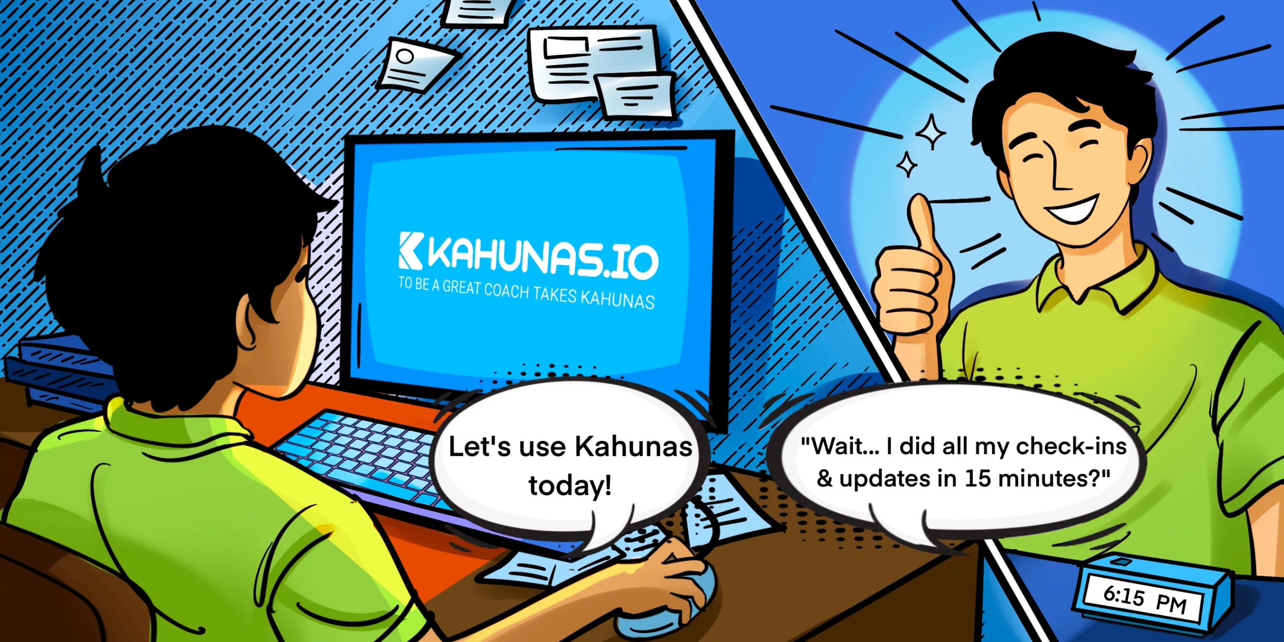 Comic-style illustration for Kahunas featuring two coaches discussing efficient coaching workflow, computer screen showing Kahunas.io platform, dialogue about completing check-ins and updates in 15 minutes, created by Draftss, unlimited illustration design, coaching software comic example, unlimited graphic designs, draftss, draftss portfolio