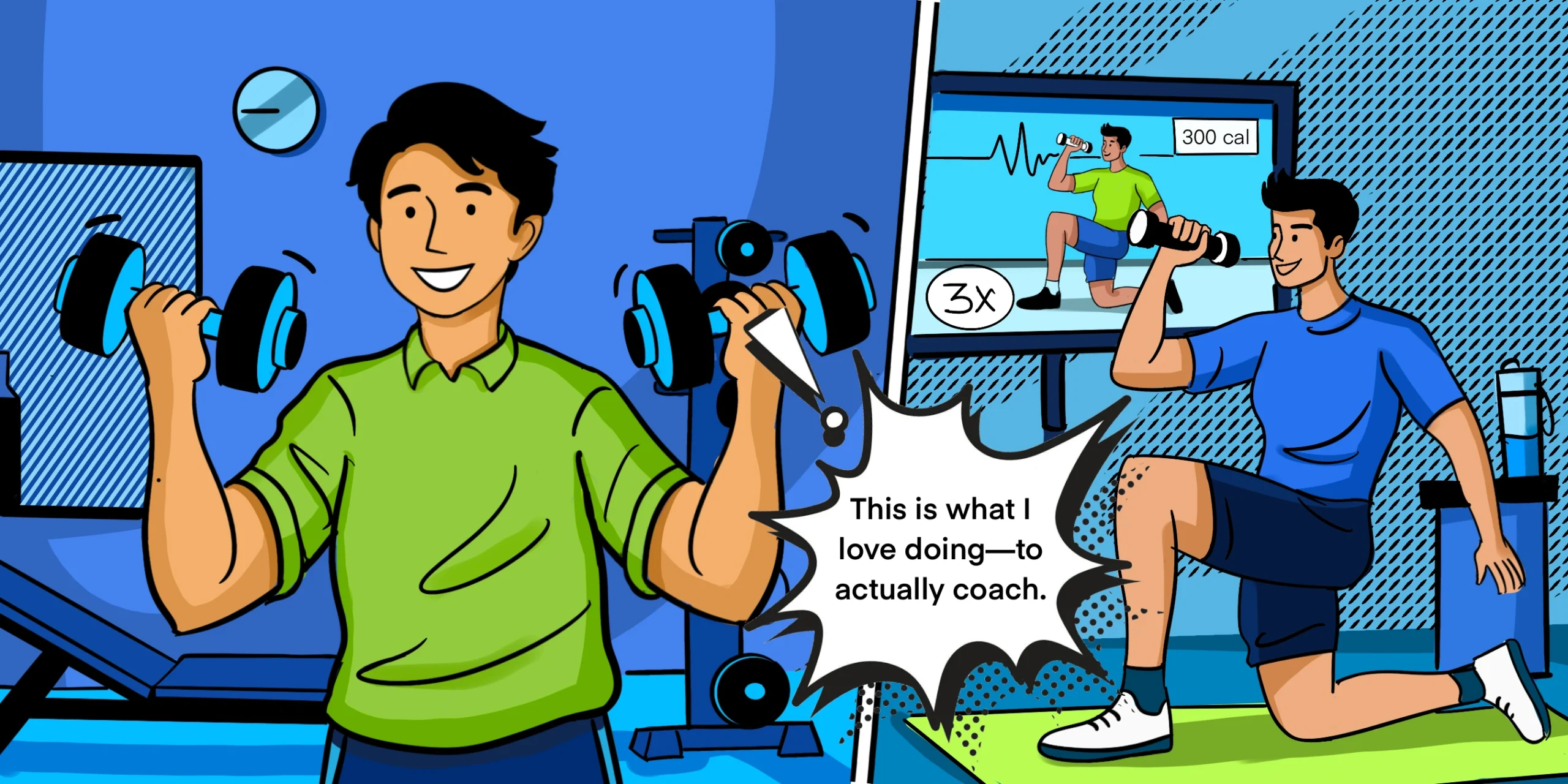 Comic-style illustration for Kahunas featuring two trainers exercising with dumbbells in a vibrant gym setting, motivational coaching dialogue in speech bubble, tracking workout calories and sets, created by Draftss, unlimited illustration design, fitness comic example, unlimited graphic designs, draftss, draftss portfolio